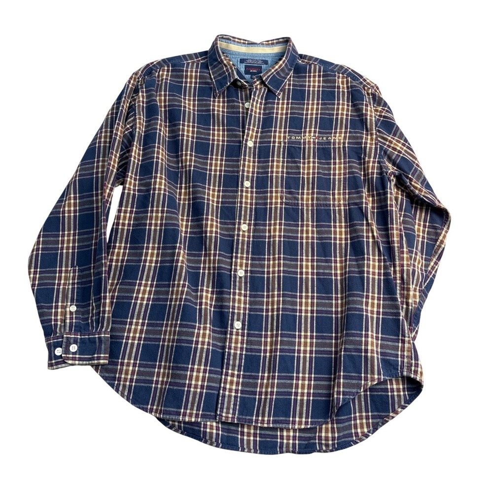 Tommy Jeans Mens XL Blue Plaid Flannel Button Down Shirt Long Sleeve Cotton